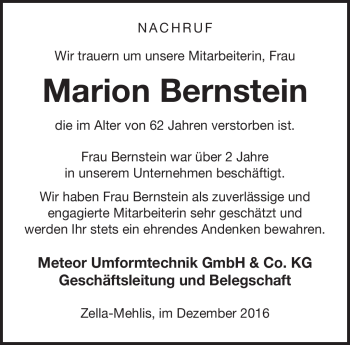 Traueranzeige von Marion Bernstein von Südthüringer Presse