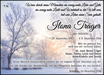 Traueranzeige von Ilona Träger von Südthüringer Presse