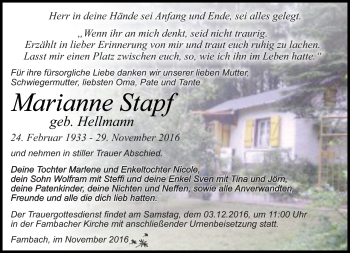 Traueranzeige von Marianne Stapf von Südthüringer Presse