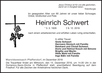 Traueranzeige von Heinrich Schwert von Neue Presse Coburg