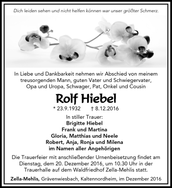 Traueranzeige von Rolf Hiebel von Südthüringer Presse