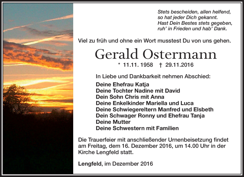  Traueranzeige für Gerald Ostermann vom 10.12.2016 aus Südthüringer Presse