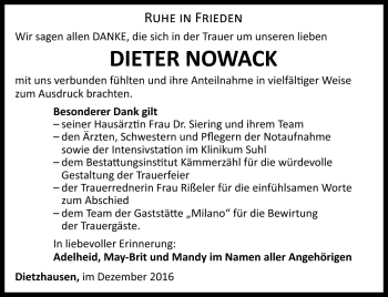 Traueranzeige von Dieter Nowack von Südthüringer Presse