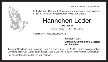 Traueranzeige von Hannchen Leder von Frankenpost