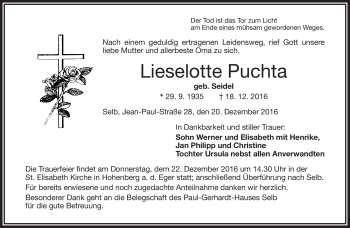 Traueranzeige von Lieselotte Puchta von Frankenpost