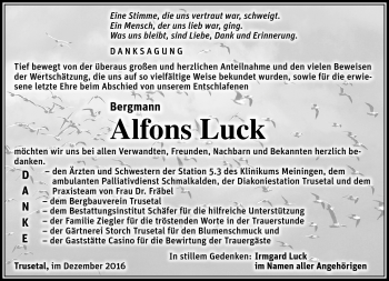 Traueranzeige von Adolf Luck von Südthüringer Presse