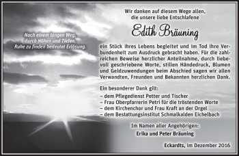 Traueranzeige von Edith Bräuning von Südthüringer Presse