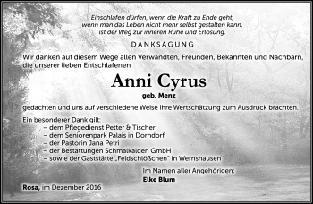 Traueranzeige von Anni Cyrus von Südthüringer Presse