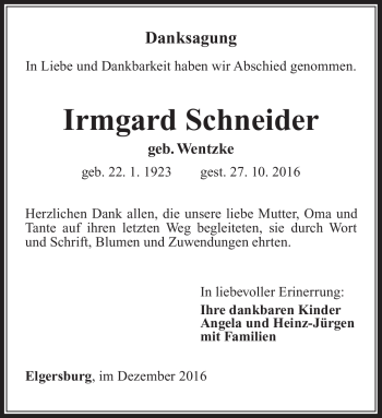 Traueranzeige von Irmgard Schneider von Südthüringer Presse