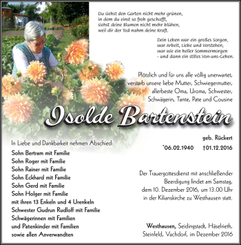 Traueranzeige von Isolde Bartenstein von Südthüringer Presse