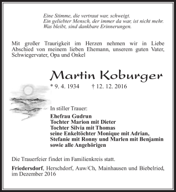 Traueranzeige von Martin Koburger von Südthüringer Presse
