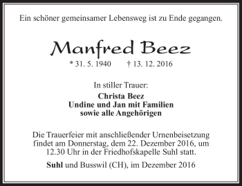 Traueranzeige von Manfred Beez von Südthüringer Presse