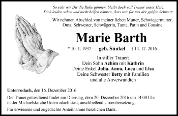 Traueranzeige von Marie Barth von Neue Presse Coburg