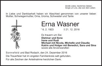 Traueranzeige von Erna Wasner von Neue Presse Coburg