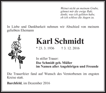 Traueranzeige von Karl Schmidt von Südthüringer Presse