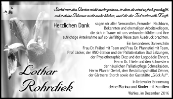 Traueranzeige von Lothar Rohrdiek von Südthüringer Presse
