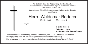 Traueranzeige von Waldemar Roderer von Frankenpost