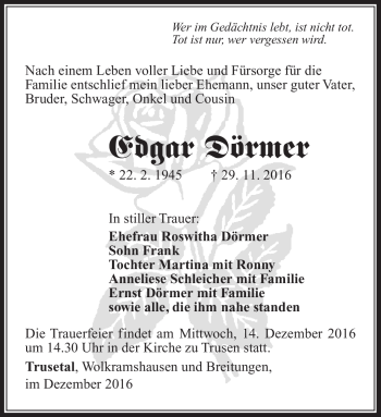 Traueranzeige von Edgar Dörmer von Südthüringer Presse