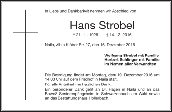 Traueranzeige von Hans Strobel von Frankenpost