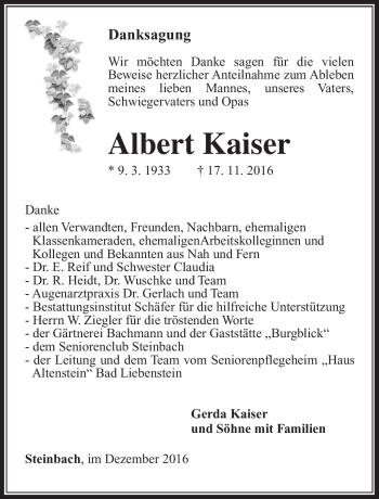 Traueranzeige von Albert Kaiser von Südthüringer Presse