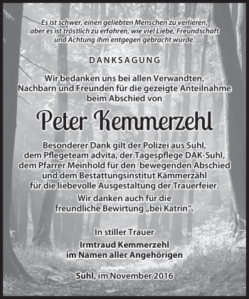 Traueranzeige von Peter Kemmerzehl von Südthüringer Presse