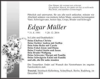 Traueranzeige von Edgar Müller von Südthüringer Presse