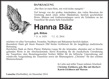 Traueranzeige von Hanna Bäz von Südthüringer Presse