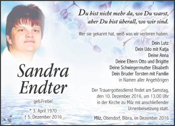 Traueranzeige von Sandra Endter von Südthüringer Presse