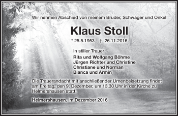 Traueranzeige von Klaus Stoll von Südthüringer Presse