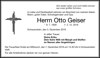 Traueranzeige von Otto Geiser von Frankenpost