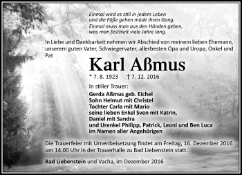 Traueranzeige von Karl Aßmus von Südthüringer Presse