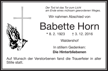 Traueranzeige von Babette Horn von Frankenpost