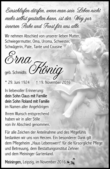 Traueranzeige von Erna König von Südthüringer Presse