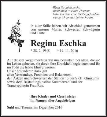 Traueranzeige von Regina Eschka von Südthüringer Presse