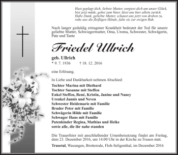 Traueranzeige von Friedel Ullrich von Südthüringer Presse