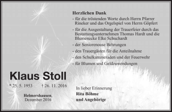 Traueranzeige von Klaus Stoll von Südthüringer Presse
