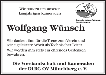 Traueranzeige von Wolfgang Wünsch von Frankenpost