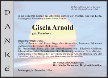 Traueranzeige von Gisela Arnold von Südthüringer Presse
