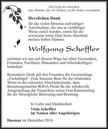 Traueranzeige von Wolfgang Scheffler von Südthüringer Presse