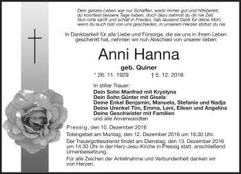 Traueranzeige von Anni Hanna von Neue Presse Coburg