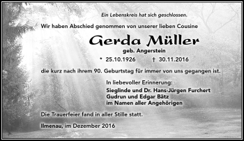 Traueranzeige von Gerda Müller von Südthüringer Presse