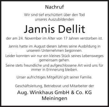 Traueranzeige von Jannis Dellit von Südthüringer Presse