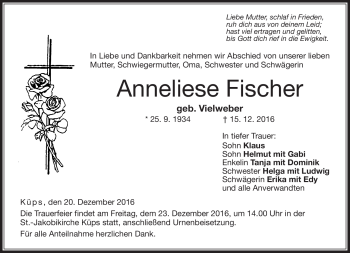 Traueranzeige von Anneliese Fischer von Neue Presse Coburg