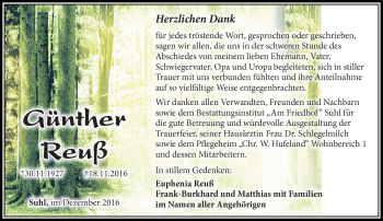 Traueranzeige von Günther Reuß von Südthüringer Presse