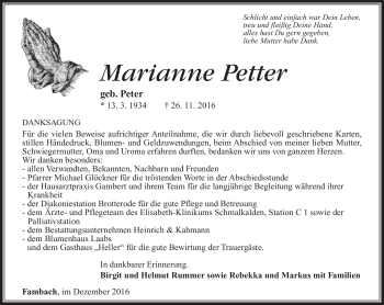 Traueranzeige von Marianne Petter von Südthüringer Presse