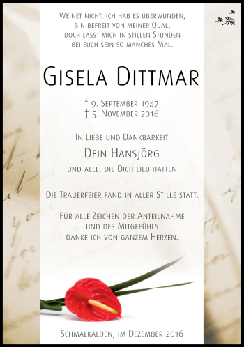 Traueranzeige von Gisela Dittmar von Südthüringer Presse