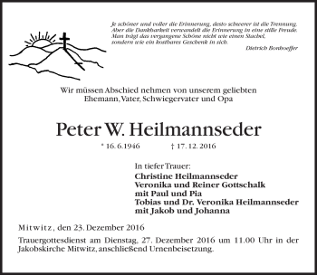 Traueranzeige von Peter W.Heilmannseder von Neue Presse Coburg