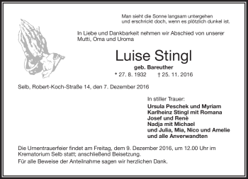 Traueranzeige von Luise Stingl von Frankenpost
