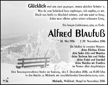 Traueranzeige von Alfred Blaufuß von Südthüringer Presse