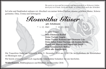 Traueranzeige von Roswitha Gläser von Südthüringer Presse